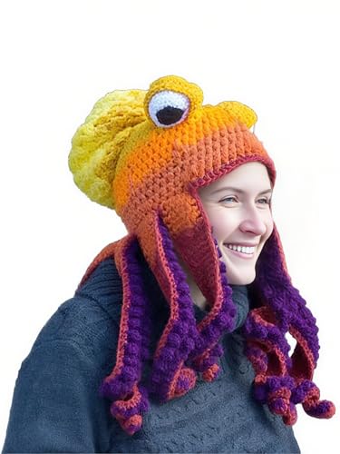 Jackolume Tintenfisch-Strickmütze für Erwachsene, Gelb / Lila, Neuheit, Oktopus, Wikinger, Schnurrbart, für Herren und Damen, Halloween, Tintenfisch, Regenbogen-Tintenfisch Jackolume Tintenfisch-Strickmütze für Erwachsene, Gelb / Lila, Neuheit, Oktopus, Wikinger, Schnurrbart, für Herren und Damen, Halloween, Tintenfisch, Regenbogen-Tintenfisch von Jackolume
