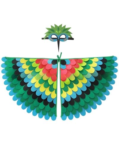 Jackolume Vogelflügel-Kostüm, Schal für Kinder, Kolibri-Kostüm mit Vogelmaske, buntes Dschungel-Vogel-Filz-Kostüm, Umhang, Halloween-Partyzubehör von Jackolume
