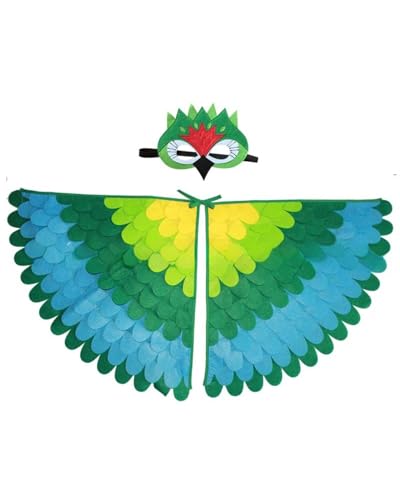 Jackolume Vogelflügel-Kostüm, Schal für Kinder, grüner Papageien-Kostüm mit Vogelmaske, buntes Dschungel-Vogel-Filz-Kostüm, Umhang, Halloween-Partyzubehör von Jackolume