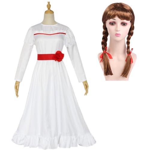 Kinder Gruselpuppe Anna Kostüm, Mädchen Horrorpuppe weißes Kleid mit Bund und Perücke, gruseliges Filmkostüm, Halloween-Outfits von Jackolume