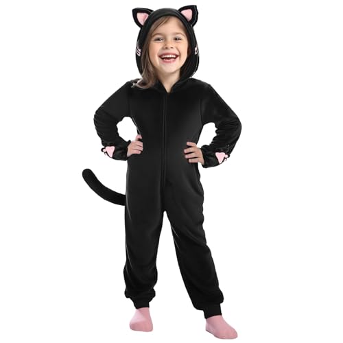 Kinder Tier Katze Onesie, Schwarz Katze Kostüm Pyjama Einteiler Nachtwäsche mit Ohren und Schwanz, Halloween Tier Dress Up für Jungen Mädchen von Jackolume