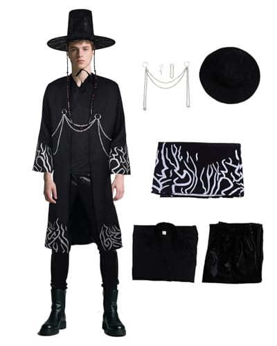 Kpop Dämon Saja Jungen Kostüm für Erwachsene, Herren Sajaboys Jinu Baby Saja Abby Cosplay Kostüm Komplettes Set Idol Bühne Outfits Schwarzer Mantel Hose Hut von Jackolume