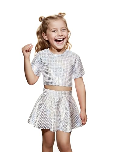 Mädchen 70er 80er Jahre Disco-Kostüm, Halloween, Kinder, metallischer Rock, glänzend, glitzernd, Party-Kostüm, Pop-King-Tanz-Stern, silberfarbene Pailletten, Disco-Kostüm, MJ Dance Verkleidung Mädchen 70er 80er Jahre Disco-Kostüm, Halloween, Kinder, metallischer Rock, glänzend, glitzernd, Party-Kostüm, Pop-King-Tanz-Stern, silberfarbene Pailletten, Disco-Kostüm, MJ Dance Verkleidung von Jackolume