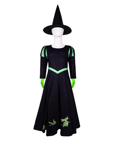 Mädchen Bad Witch Elphaba Kostüm mit schwarzem spitzem Hut, grüne Hexe, langärmeliges Kleid, Geburtstagsparty, Halloween, Cosplay, Outfits für Kinder Mädchen Bad Witch Elphaba Kostüm mit schwarzem spitzem Hut, grüne Hexe, langärmeliges Kleid, Geburtstagsparty, Halloween, Cosplay, Outfits für Kinder von Jackolume