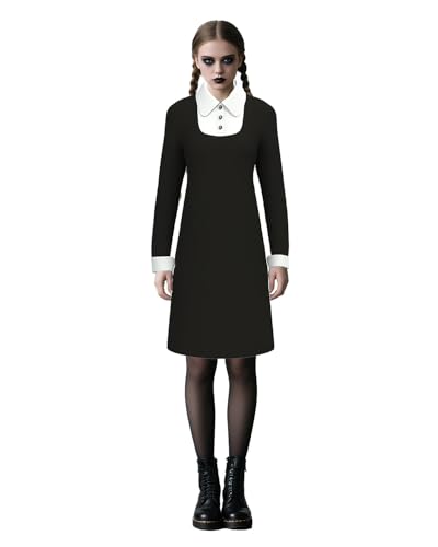 Wednesday Kostüm für Erwachsene, Damen, Peter-Pan-Kragen, schwarzes Kleid, ausgestelltes Skaterkleid, viktorianisches Gothic-Kleid, Halloween, Addams, Cosplay, Outfits, Partyverkleidungen von Jackolume