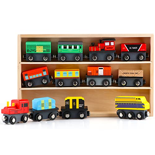 Jacootoys 12 Teiliges Autos Set Holz Zug Holzeisenbahn Magnetisch Eisenbahn Spielzeug Züge Straßenbahnen Geschenk mit Aufbewahrungsbox Für Kinder Jungen Mädchen ab 3 Jahren von Jacootoys