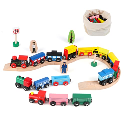 Jacootoys 31 Teiliges Holz Magnetzugwagen-Set, 15 Wagen 10 Gleise mit Aufbewahrungstasche für Kinder, kompatibel mit Bahngleis Sets der wichtigsten Marken von Jacootoys