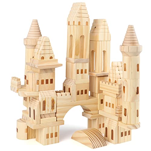 Jacootoys 75 Teile Holz Schloss Bausteine Montessori Naturfarbene Bauklötze Stapelspielzeug für 3 4 5 6 7 8+ Jahre Kinder von Jacootoys