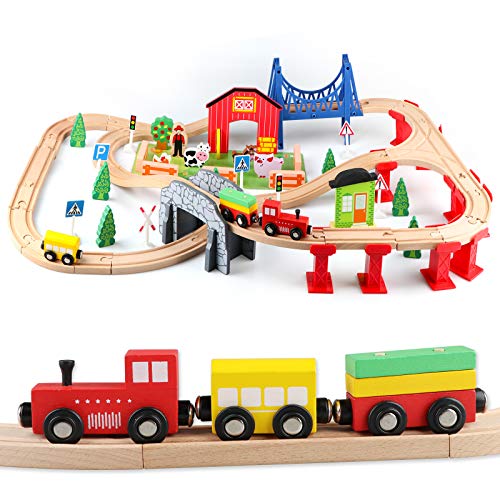 Jacootoys 80 Teile Holzeisenbahn Set Eisenbahn aus Holz Zug Spielzeug kombinierbar Spielzeugeisenbahn für Kinder 3+ Jahre alte Mädchen Jungen von Jacootoys
