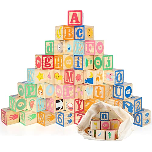 Jacootoys ABC Klötze Bausteine Buchstaben Zahlen 36PCS Alphabet 1,65" Große Holz Blöcke Set Montessori Lernspielzeug für Kinder von Jacootoys