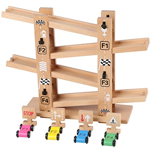 Jacootoys Holz Rampen Einfach Zusammenbauen Konstruktion Autorennbahn Zig Zag Autostrecke Click Clack Rennbahn mit 4 Autos für Kinder Jungen Mädchen ab 3 Jahren von Jacootoys