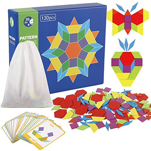 Jacootoys 130 Stück Geometrische Formen Puzzle Tangram Holzmuster Blöcke Set Spielzeug Pädagogisches Geschenk mit 24 Stück Design Karten und Netztasche Für Kinder Mädchen Jungen ab 3 Jahr von Jacootoys