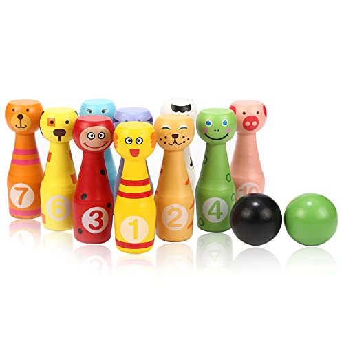 Jacootoys Kegelspiel 10 teiliges Kegel und 2 Bälle Bowling Set für Junge Mädchen Kinder Spielzeug aus Holz Drin Draußen ab 3 Jahren von Jacootoys