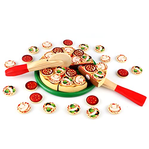 Jacootoys Kinder Pizzaspielzeug aus Holz Fast Food Küche Rollenspiel vorgeben 36 Beläge Rollschneider & Spachtel für 3+ Jungen Mädchen von Jacootoys