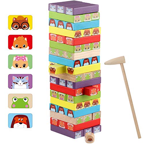 Jacootoys Klassische Stapelspiel Holz Gefärbt Bausteine Turm Brettspiele Stapelturm Geschenk für Kinder Erwachsene 54 Stück von Jacootoys