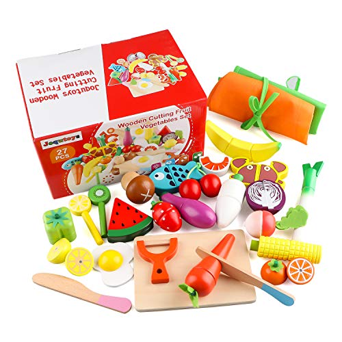 Jacootoys Küchenspielzeug 24 Teile Holz Spielzeug Lebensmittel Obst Gemüse Ebensmittel Küche Kinder Pädagogisches Lernen Set mit magnetischer Verbindung von Jacootoys