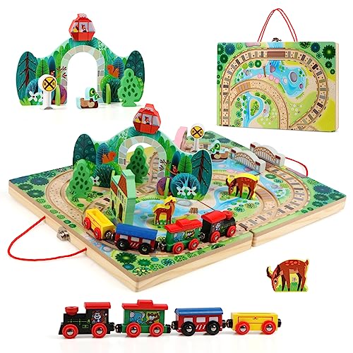 Jacotoys Holz 18 PCS Zug Track Set für Kinder, Eisenbahn,4 Züge, Spiel Stücke, Brücke für Alter 3+ Mädchen Jungen Geschenke von Jacootoys