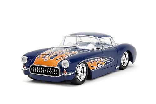 Big Time Muscle 1:24 1957 Chevrolet Corvette Druckguss-Auto, Spielzeug für Kinder und Erwachsene (Dunkelblau/Flammen) von Jada Toys