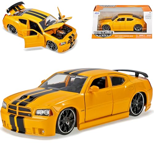 Dodge Charger SRT8 Gelb mit schwarzen Streifen Bumblebee Ab 2006 1/24 Jada Modell Auto mit individiuellem Wunschkennzeichen von Jada Toys