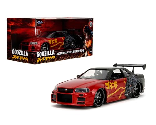 Jada Toys Nissan Skyline GT-R (R34) 1:24 Auto Modellauto, Schwarz, Godzilla, Erwachsene, Teenager, Auto-Enthusiasten, Godzilla-Fans, Sammler von Jada