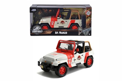 Jada Toys Park 1992 Jeep Wrangler 1:24, Spielzeugauto, Geländewagen Spielzeug, bekannt aus der gleichnamigen Filmreihe 253253005 Weiß, Rot von Jada