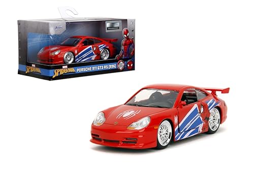 Jada Hollywood Rides Spider-Man Porsche 911 GT3 RS 1:32 – Druckguss-Fahrzeuglack, Türen zum Öffnen, Marvel-Thema – rot/blaues Design für Kinder & Sammler von Jada Toys