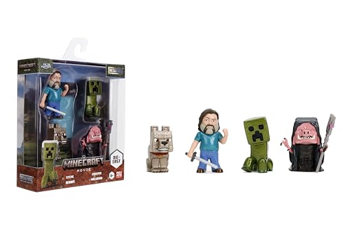 Jada Metalfigs 4er-Pack – Minecraft Movie Die-Cast Figuren – Steve, Wolf, Creeper, Malgohsa – 6,3 cm großes Sammelset für Kinder und Fans – langlebige Metallkonstruktion von Jada Toys