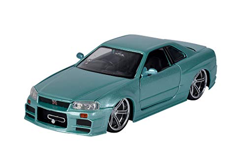 Jada Toys Fast & Furious Brian's Nissan Skyline, 2002, GTR (R34), zu öffnende Türen, Kofferraum und Motorhaube, Modellauto, Spielzeugauto, Maßstab 1:24, Silber von Jada