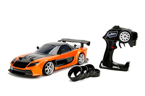 Jada Toys Fast & Furious RC Drift Mazda RX-7, RC Auto, ferngesteuertes Auto mit Funkfernsteuerung, Driftfunktion, Allradantrieb, 4 Ersatzreifen, USB Ladefunktion, inkl. Batterien, Maßstab 1:10, orange von Jada Toys