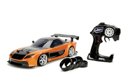 Jada Toys Fast & Furious RC Drift Mazda RX-7, RC Auto, ferngesteuertes Auto mit Funkfernsteuerung, Driftfunktion, Allradantrieb, 4 Ersatzreifen, USB Ladefunktion, inkl. Batterien, Maßstab 1:10, orange von Jada