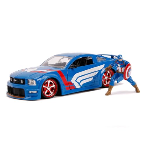 Jada Toys 253225007 Marvel, 2006 Ford Mustang GT, Spielzeugauto, Türen, Kofferraum, Motorhaube zum Öffnen, inkl. Die-cast Captain America Figur, Maßstab 1:24, blau von Jada Toys
