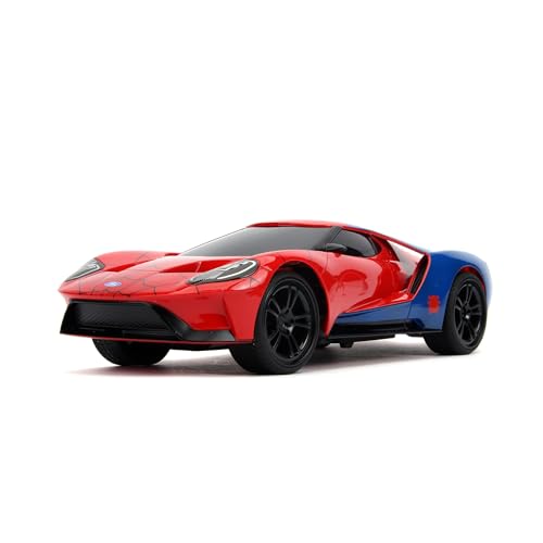 Jada Toys Marvel RC-Auto, Spiderman 2017, Ford GT, Ferngesteuertes Auto, Turbofunktion, 2-Kanal Funkfernbedienung, USB-Ladefunktion, inkl. Batterien, 1:16, rot/blau/weiß von Jada Toys