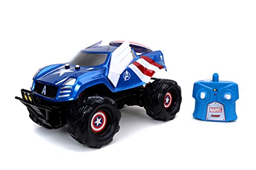 Jada Toys 253228001 Marvel RC Captain America Attack, ferngesteuertes Auto, mit Turbo, USB Ladefunktion, 3,6 m/s, Kontrolldistanz 25 m, Maßstab 1:14, blau von Jada Toys