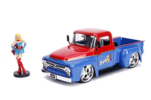 Jada Toys DC Comics Bombshells Supergirl, 1956 Ford F100, Auto, Spielzeugauto aus Die-cast, Türen, Kofferraum & Motorhaube zum Öffnen, inkl. Super Girl Figur, Maßstab 1:24, blau/rot von Jada Toys