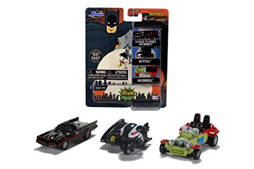 Jada Toys Batman 3er-Set Nano Sammelautos aus Die-cast, Batcycle, Batmobile, Joker Batmobile, Spielzeugautos, Set, 4 cm, ab 8 Jahren von Jada Toys