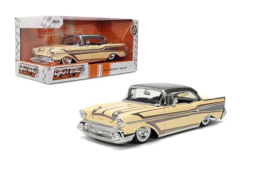 Jada Toys Bigtime Muscle 1:24 1957 Chevy Bel-Air Druckguss-Auto – Öffnende Türen, Motorhaube, Kofferraum, Gummireifen (glänzendes Beige) von Jada Toys