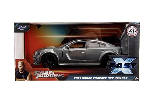 Jada Toys - Fast and Furious Auto Dodge Charger (1:24, grau) - Modellauto 2021 Dodge Charger SRT Hellcat aus dem Film Fast & Furious 10, Die Cast Car ab 8 Jahre mit Teilen zum Öffnen, 19cm von Jada