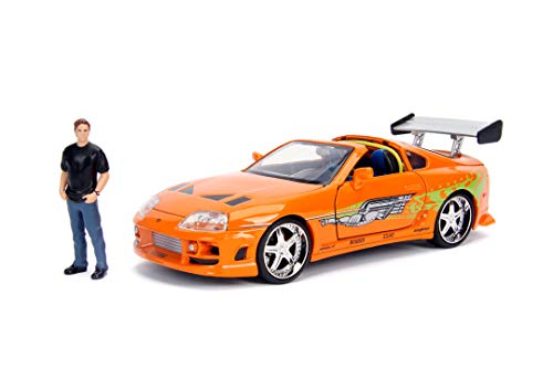 Jada Toys Fast & Furious Brian's 1995 Toyota Supra, Auto, Tuning-Modell, Maßstab 1:24, mit Spoiler, zu öffnende Türen, Motorhaube und Kofferraum, abnehmbares Dach, inkl. Brian O'Conner Figur, orange von Jada Toys