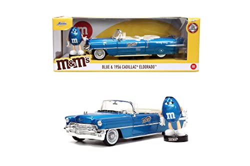 Jada Toys M&Ms Figur Blue mit 1956er Cadillac Eldorado - Spielzeug-Set aus Modellauto und Blauer M&M`s Figur, dekorativer Fanartikel aus Metall für Sammler & Schokoladen-Liebhaber, 18 cm von Jada