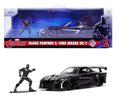 Jada Toys - Marvel Black Panther Mazda RX-7 inkl. Black Panther Figur, Modellauto aus Metall, 1:32, Türen zum Öffnen, 13,5 cm, für Fans und Kinder ab 8 Jahre von Jada Toys