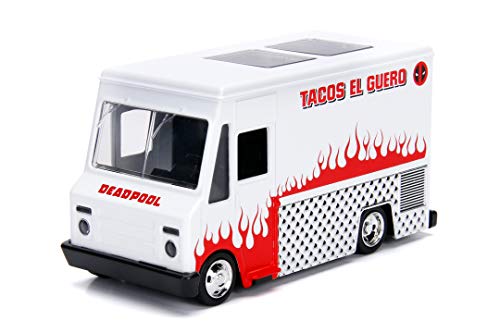 Jada Toys Marvel Deadpool Foodtruck, Taco Truck, Tacos El Guero, Auto, Spielzeugauto aus Die-cast, zu öffnende Türen, Maßstab 1:32, weiss von Jada Toys