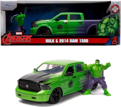Jada Toys Marvel Hulk Figur mit Modellauto 2014er Dodge Ram 1500 - Set aus Marvel Avengers Sammelfigur (6 cm) und Spielzeugauto (20 cm) für Marvel Fans und Kinder ab 8 Jahre von Jada Toys