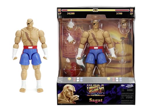 Jada Toys Street Fighter Figur Sagat (19 cm) - bewegliche Sammel- und Actionfigur aus Street Fighter 2: The Final Challengers, mit alternativem Kopf, Händen und Zubehör, ab 13 Jahre von Jada