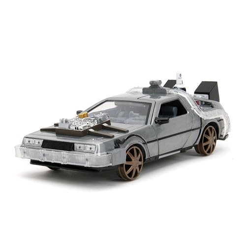 Jada Toys - Time Machine - Back to The Future 3, Modellauto aus Metall, 1:24, Türen zum Öffnen, LED Licht, Version mit braunen Felgen, 20 cm, Silber von Jada