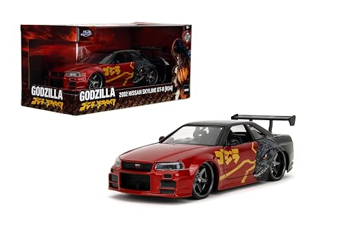 Jada 2002 Nissan Skyline GT-R (R34) RHD (Rechtslenker) Rot Metallic und Schwarz Godzilla vs. Destoroyah (1995) Movie Hollywood Rides Series 1/24 Druckguss-Modellauto von Jada