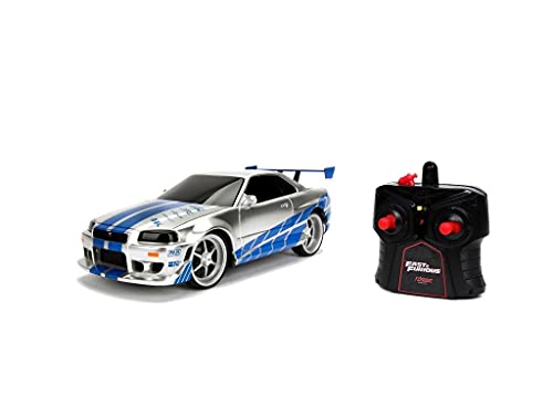 Jada Toys Fast & Furious RC-Auto, 2002 Nissan Skyline GT-R, R34, Ferngesteuertes Auto, Turbofunktion, 2-Kanal Funkfernbedienung, USB-Ladefunktion, inkl. Batterien, 1:16, blau/Silber von Jada Toys