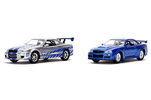 Jada Toys Fast & Furious Twin Set, 2 x 2002 Nissan Skyline in Silber & blau, Modellauto, Spielzeugauto, Türen zum Öffnen, Maßstab 1:32 von Jada