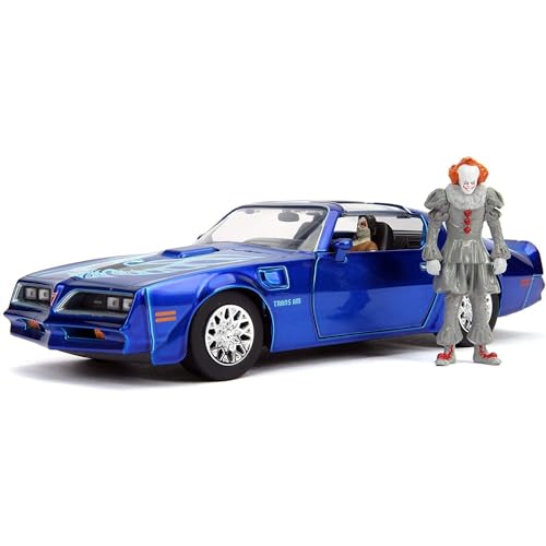 Jada Toys Pennywise & Henry Bower's IT 1977 Pontiac Firebird, Spielzeugauto aus Die-Cast, inkl. Pennywise & IT Zombie Figur, Auto, Türen, Kofferraum + Motorhaube zum Öffnen, 1:24, blau, 253255022 von Jada