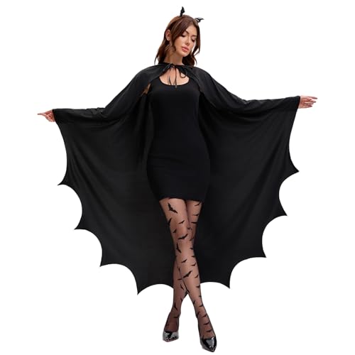 JadeLink Fledermaus Umhang Damen,mit Haarspange und Tattoo Gesicht,Fledermaus Kostüm für Erwachsene Stilvolles Design perfekte Verkleidung für Kostümpartys Halloween und Karneval von JadeLink