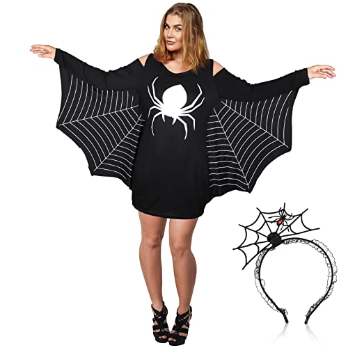 2 Stück Halloween Kleid für Frauen und Spinnen Haarband Spinnenfrau Kostüm Lässig Langärmelig Hemdkleid Schwarzes Stirnband (XXL) von Jadive